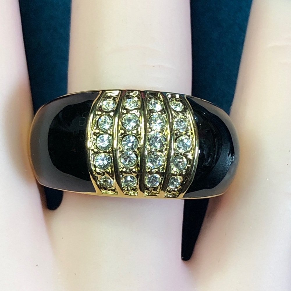 Gold Black Enamel Crystal Wide Band Dome Ring Sz 9 Camille Lucie France
